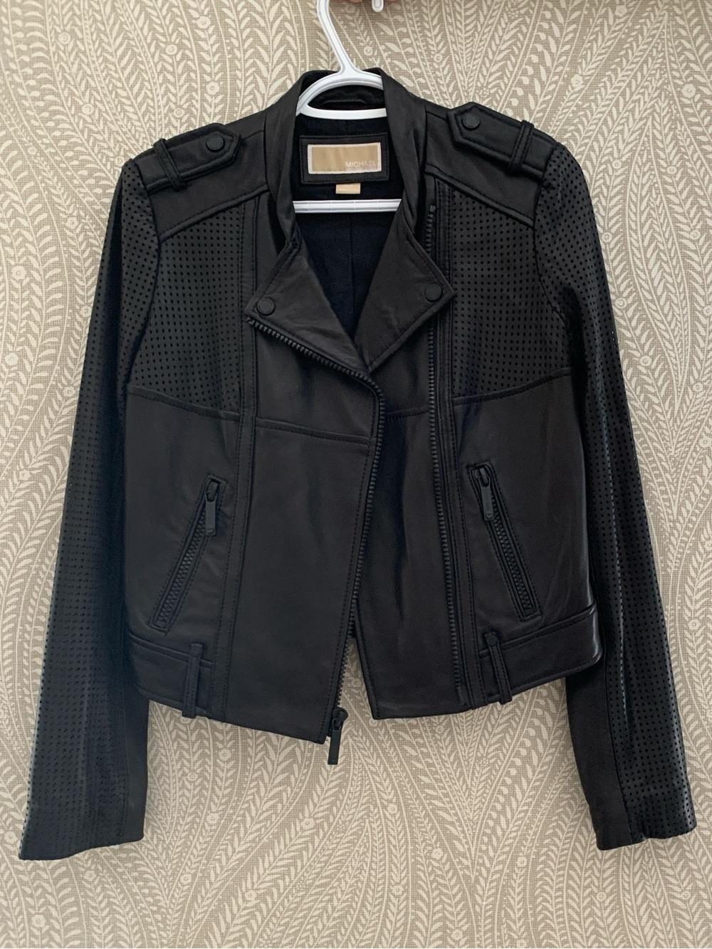 Michael Kors Black Perforated Leather Moto Jacket